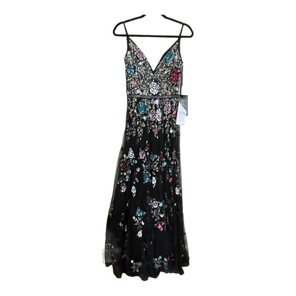 Mac Duggal Sequin Beaded Floral Black Multicolor Formal Maxi Dress Sz 4 NWT - Picture 6 of 9